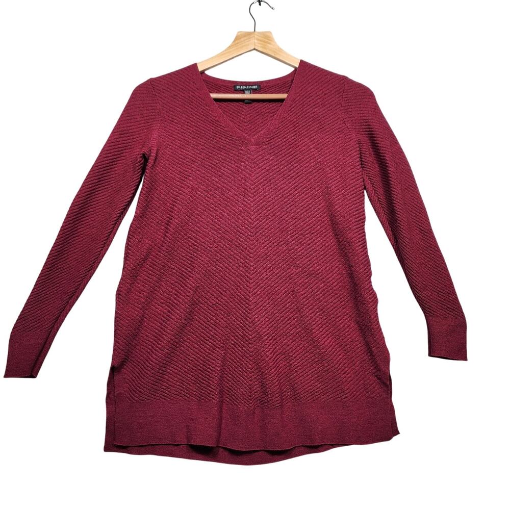 Eileen Fisher Merlot 100% Fine Merino Wool Vneck Knit Sweater Sz XS